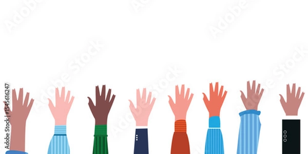 Fototapeta Vector Hands in different colors and clothes are lifting on white background. Suitable for elements of demonstration, cooperation, equality or difference.