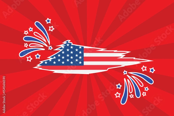Fototapeta A cheerful 4th of July greeting card with bursting fireworks, glowing stars, and the iconic American flag waving proudly to celebrate the nation’s freedom and unity.