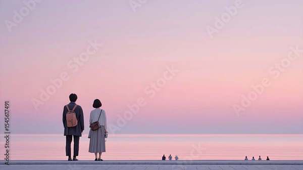 Fototapeta 夕暮れの海べで佇む中高年のカップル