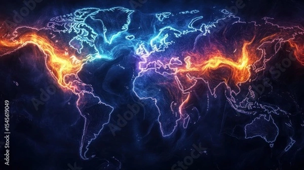 Obraz World map, vibrant energy lines. ai generative 