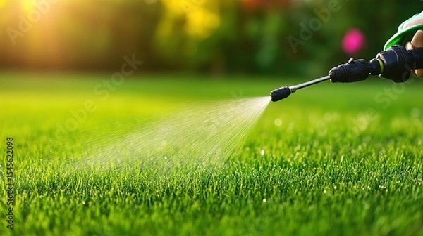 Obraz Watering green grass lawn with spray nozzle