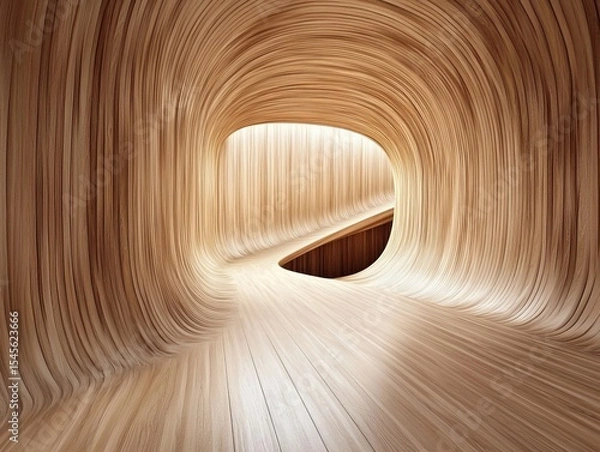 Fototapeta Curved Wooden Tunnel 3D Render, Abstract Interior Design, Light and Shadow, Architecture Visualization, Wooden Structure 3D rendering, abstract architecture