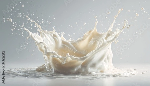 Fototapeta Creamy liquid erupting in a dramatic crown-shaped splash against a neutral backdrop, showcasing texture and fluidity