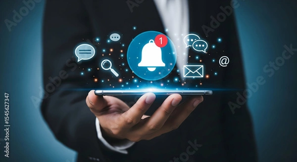 Obraz Businessman Using Phone with Email Notification Icon. Email Notification Alert with Smartphone in Hand concept ,Email Pop-Up Alert with Smartphone, Email and Text Message Notification on Mobile Device