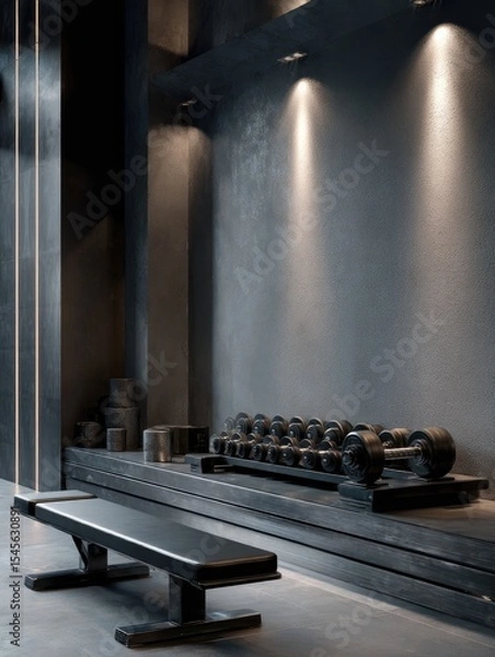 Obraz Minimalist home gym with dark grey walls, recessed lighting, weight rack, and adjustable bench