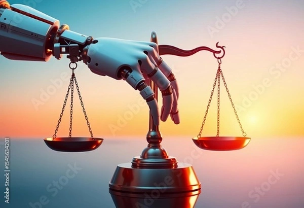 Fototapeta AI robotic hand delicately balances a scale of justice,  wrong,  justice