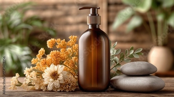Fototapeta An elegant amber glass pump bottle mockup, surrounded by serene spa stones and delicate botanicals, embodies the essence of natural wellness and holistic self-care