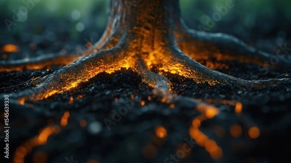Fototapeta A mystical tree's roots glow with a fiery, hidden energy, revealing the powerful life force drawn from the earth below