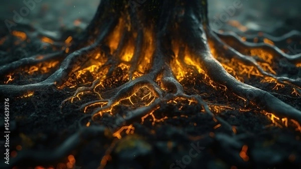 Fototapeta A mystical tree's roots glow with a fiery, hidden energy, revealing the powerful life force drawn from the earth below