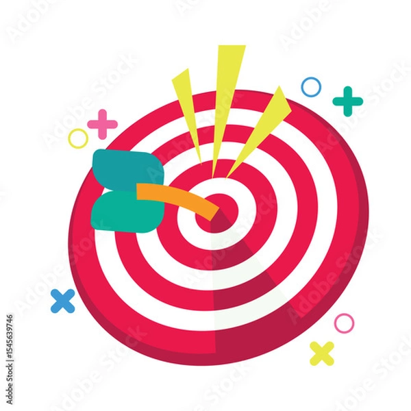 Fototapeta Flat vector illustration of a colorful target icon in cute style with arrow hitting center. Great for symbolizing goals, success, focus, or strategy in modern UI, business, or infographic elements.