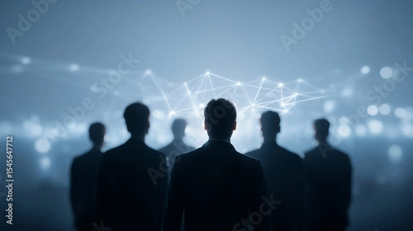 Fototapeta Business team silhouettes facing digital network connectivity concept