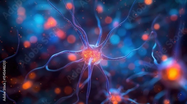 Fototapeta A vibrant neuron glows with life, symbolizing the intricate network of thoughts and the essence of human intelligence.