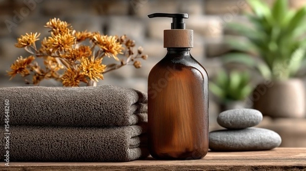 Fototapeta A brown glass pump bottle is perfectly arranged with plush towels, spa stones, and botanicals, creating a tranquil scene that embodies natural wellness and luxurious relaxation