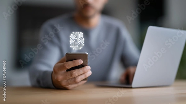 Fototapeta Smart technology integration showing AI innovation in digital workspace