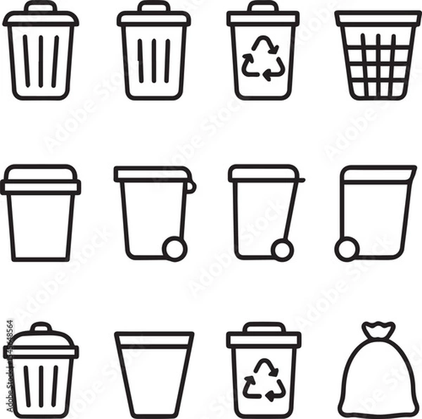 Obraz Bin icon set. Trash can, delete button. Vector.  Recycle icon and trash symbol, Recycling sign, Recycle symbol Isolated on white background.