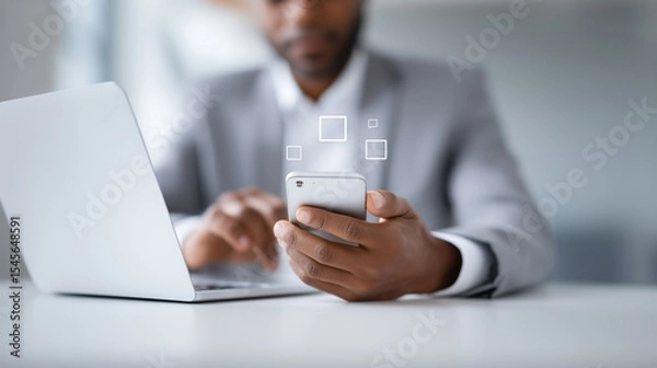 Fototapeta Digital workspace concept with mobile technology and virtual communication icons
