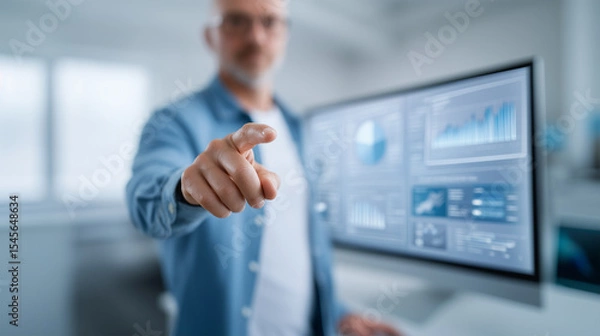 Fototapeta Digital transformation in business featuring professional using advanced touchscreen analytics interface
