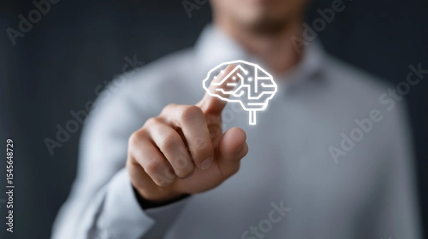 Fototapeta Professional businessman touching glowing brain icon representing artificial intelligence technology