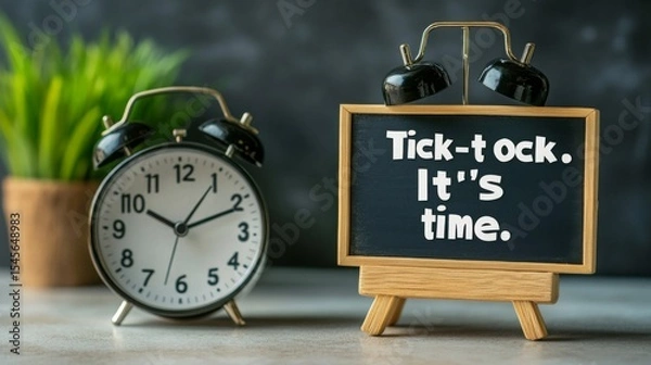 Fototapeta Alarm clock and chalkboard sign display the phrase about time in a cozy indoor setting near a plant