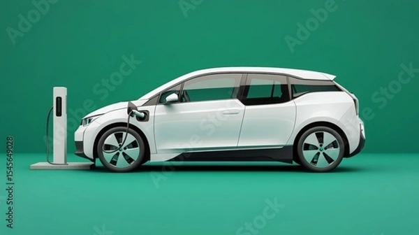 Fototapeta White electric car charging at a station with a green background in a modern setting