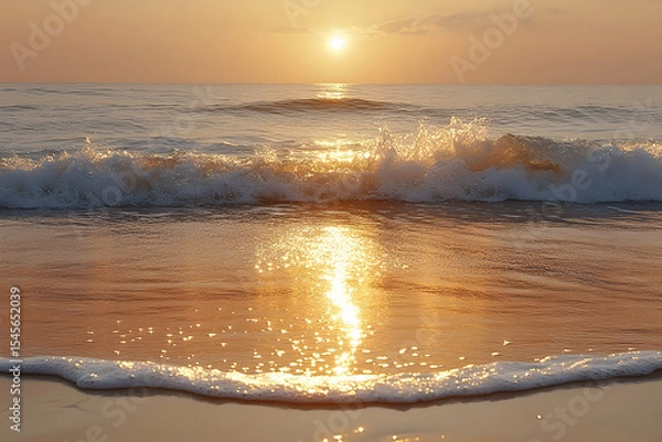 Fototapeta Sunrise over ocean waves on beach