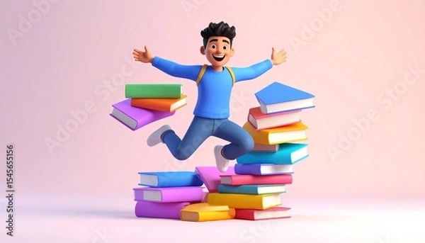 Fototapeta Happy cartoon student jumping with stacks of colorful books