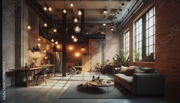 Fototapeta A loft style studio apartment with exposed brick walls and indus