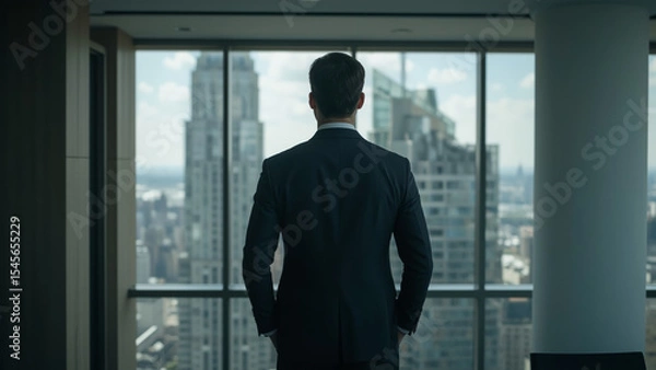 Fototapeta Young professional man, executive, CEO, manager, wealthy male investor standing inside a large comfortable office looking out of a skyscraper window thinking about future success