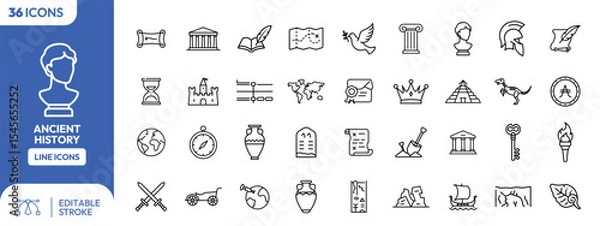 Fototapeta A collection of 34 line icons representing various elements and symbols related to ancient history.