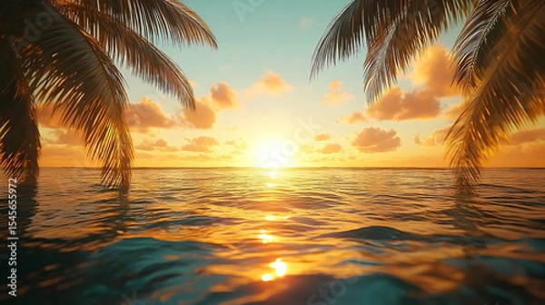 Fototapeta Sunset over ocean framed by palm trees