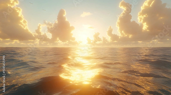 Fototapeta Golden ocean sunset calm sea fluffy clouds reflected sunlight