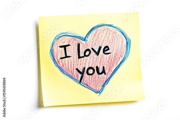 Obraz Childs crayon drawing i love you heart on yellow sticky note