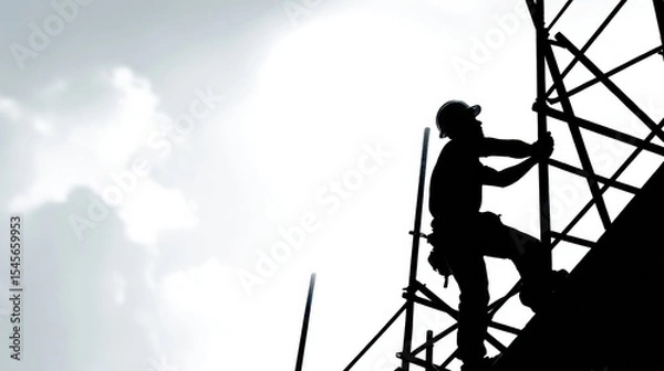 Fototapeta Construction worker scaling scaffolding urban setting silhouette image dramatic lighting inspirational concept