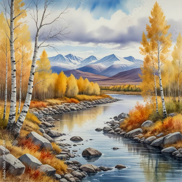 Fototapeta Watercolor of the Abisko Valley in Swedish Lapland during autumn, with golden birch trees along a crystal-clear river and distant snow-dusted mountains beneath a pale Arctic sky.