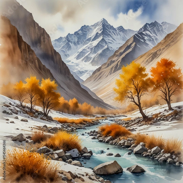 Fototapeta Ethereal watercolor of the Lahaul Valley in the Indian Himalayas, where golden poplars and rust-colored shrubs glow against barren cliffs and snow-kissed peaks.