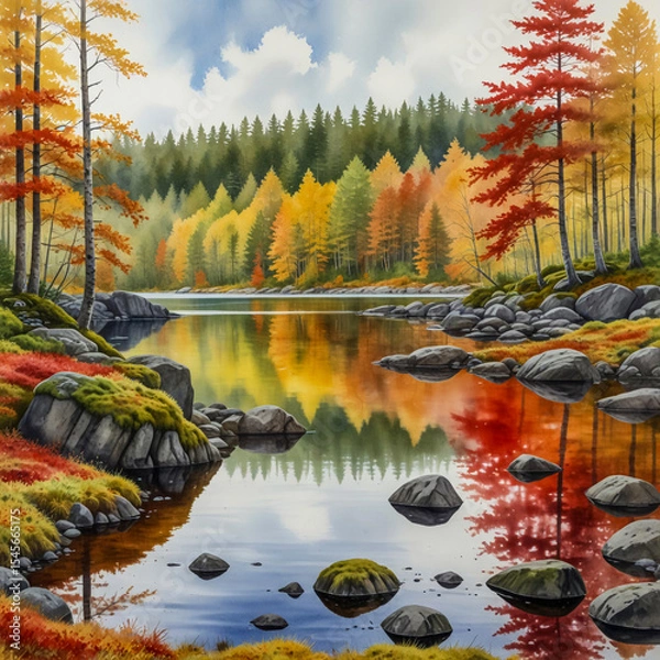 Fototapeta Serene watercolor of the Tiveden National Park in Sweden during fall, with a forest of red and yellow leaves surrounding a mossy boulder field and silent, glassy lake.