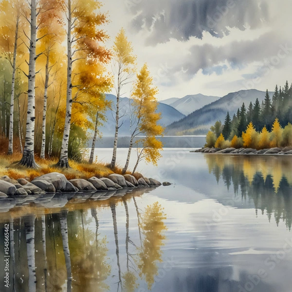 Fototapeta Watercolor of the Lake Turgoyak shoreline in Russia during fall, with golden birch trees reflecting in calm, crystal-clear water and distant forested hills under a soft gray sky.