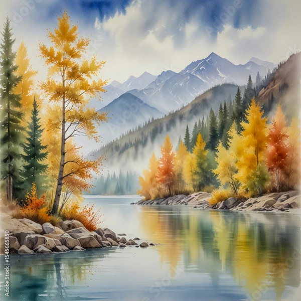 Fototapeta Peaceful watercolor of the Kanas Lake region in Xinjiang, China, with glowing fall foliage blanketing the forested riverbanks and mountains fading into delicate mist.