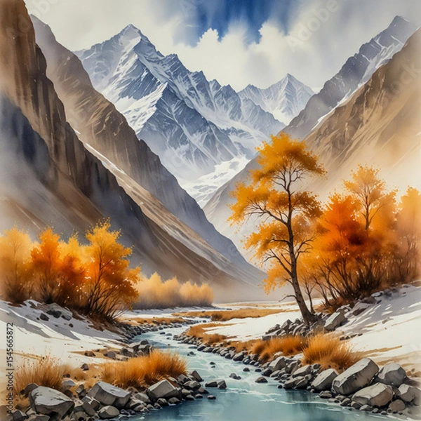 Fototapeta Ethereal watercolor of the Lahaul Valley in the Indian Himalayas, where golden poplars and rust-colored shrubs glow against barren cliffs and snow-kissed peaks.