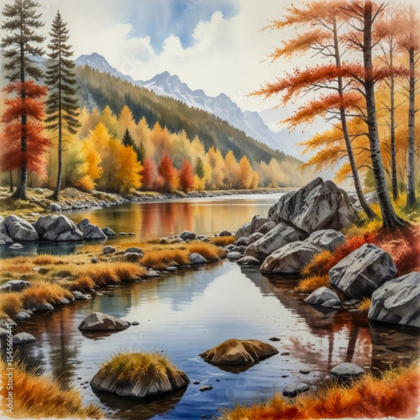 Fototapeta Watercolor of the Valbona Valley in northern Albania during autumn, with dramatic peaks rising above a river lined with orange and crimson trees glowing in afternoon light.