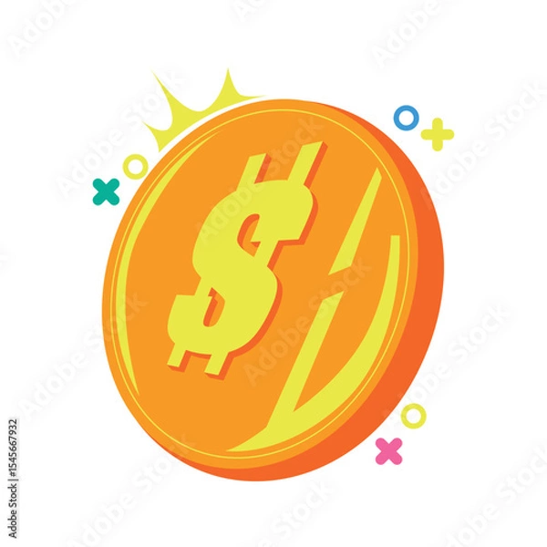 Fototapeta Cute and colorful flat icon of a gold coin. Ideal for illustrating currency, games, savings, or financial themes. Useful for UI/UX, app design, banking visuals, crypto icons, or fintech illustrations.