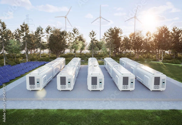 Fototapeta Group of energy storage systems or battery container units