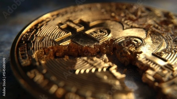 Fototapeta Extreme Close-Up of Bitcoin Showing Wear on Golden Surface
