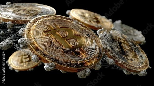 Fototapeta Bitcoin Coins Floating in Digital Space with Abstract Effects