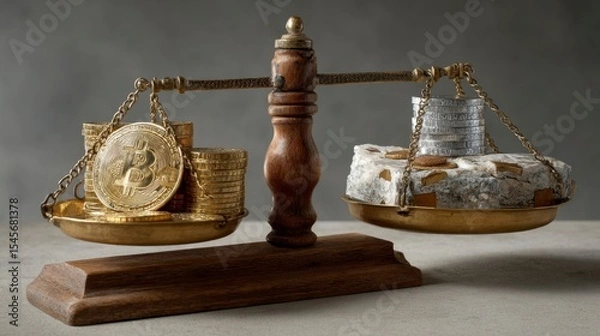 Fototapeta Antique Balance Scale with Bitcoin and Old Coins Comparison