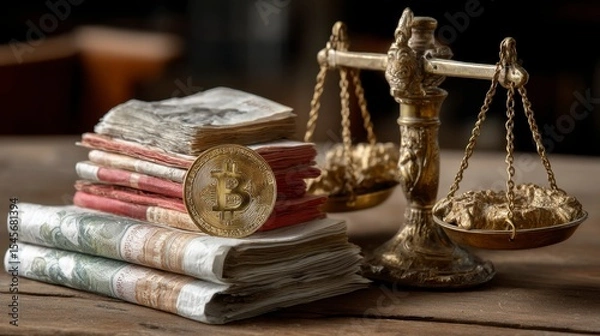 Fototapeta Vintage Balance Scale with Stack of Banknotes and Bitcoin Coin