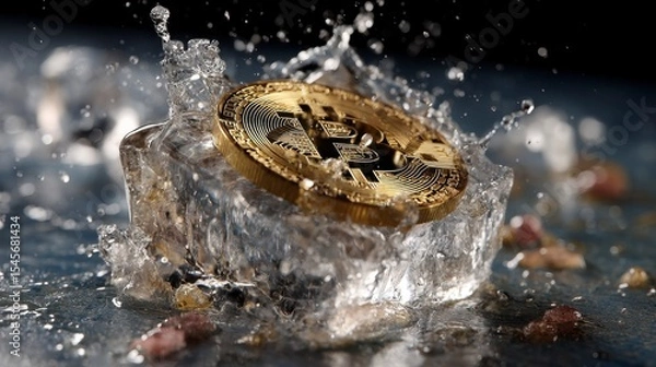 Fototapeta Close-up of Bitcoin Embedded in Ice Cube with Splashing Water