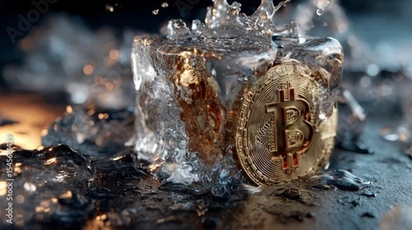Obraz Close-Up View of Bitcoin Embedded in Ice Cube with Water Splashes