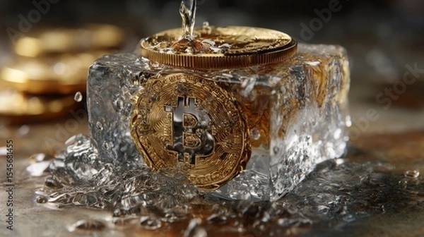 Fototapeta Close Up of Bitcoin Embedded in Ice Cube with Water Droplets