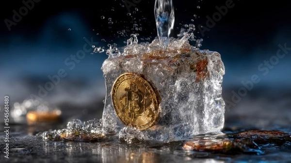 Fototapeta Close-Up of Bitcoin Embedded in Ice Cube with Water Splashing